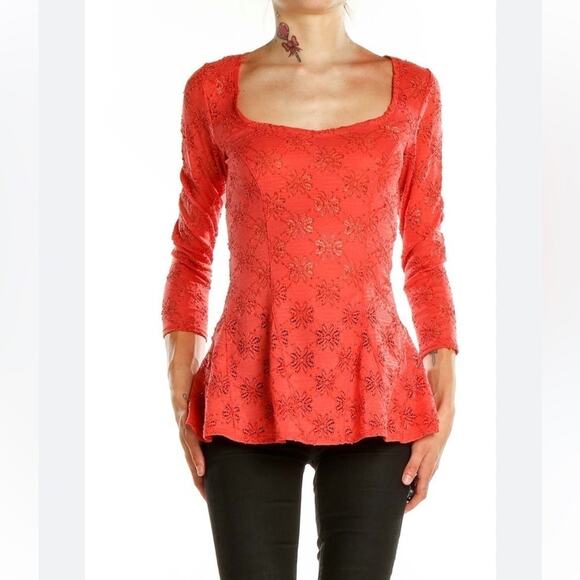 FREE PEOPLE ORANGE DAISY LACE PELAM SHIRT 3/4 SLEEVE SIZE S - Picture 1 of 7